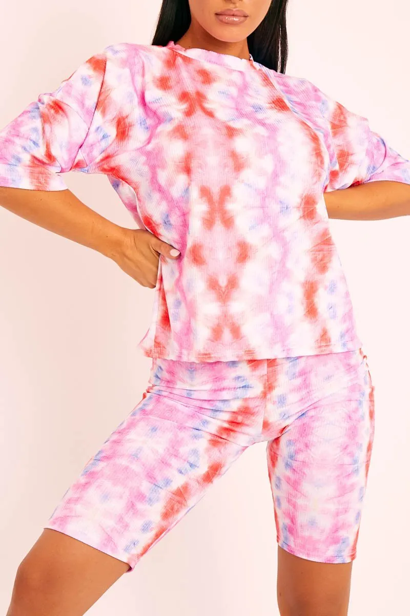 Pink Tie Dye Ribbed Cycling Shorts Co-ord - Haizlee