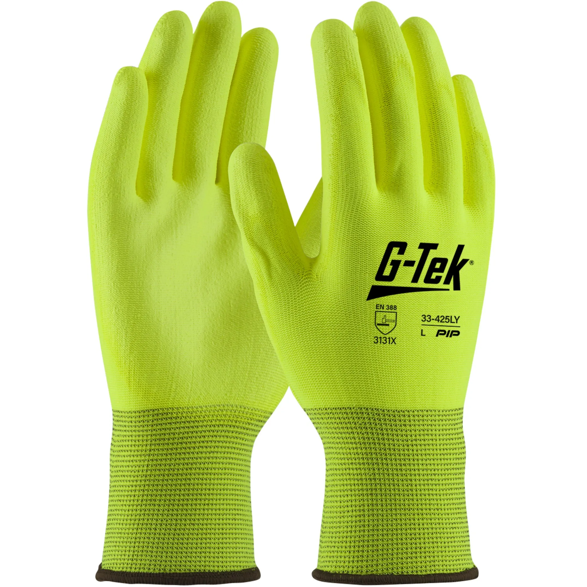 PIP G-Tek 33-425LY Seamless Knit Polyurethane Coated Smooth Grip Glove, Hi-Vis Yellow, Pair of 12