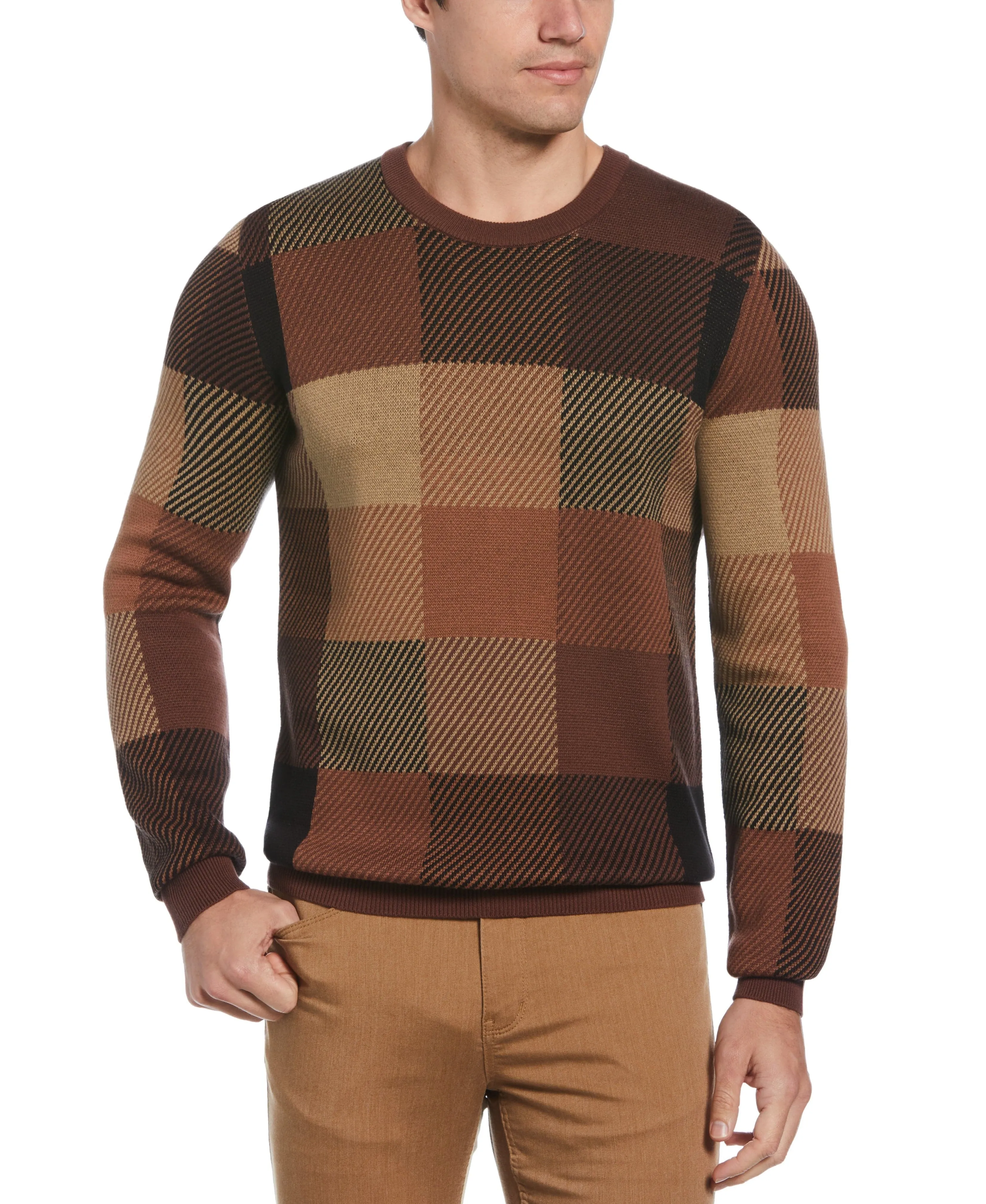 Plaid Textured Crew Neck Sweater