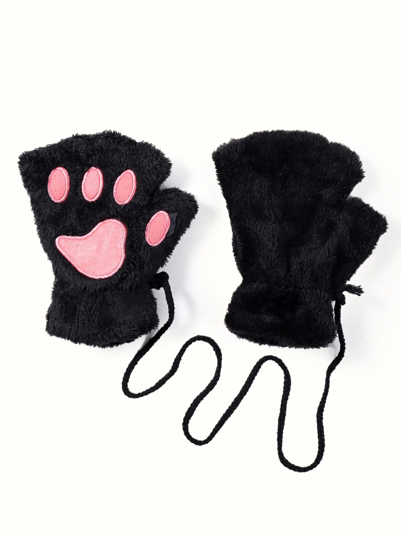 Plush Fingerless Gloves - Black - FD ⚡