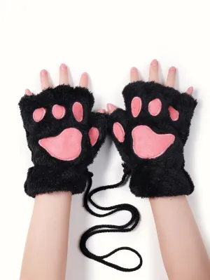 Plush Fingerless Gloves - Black - FD ⚡