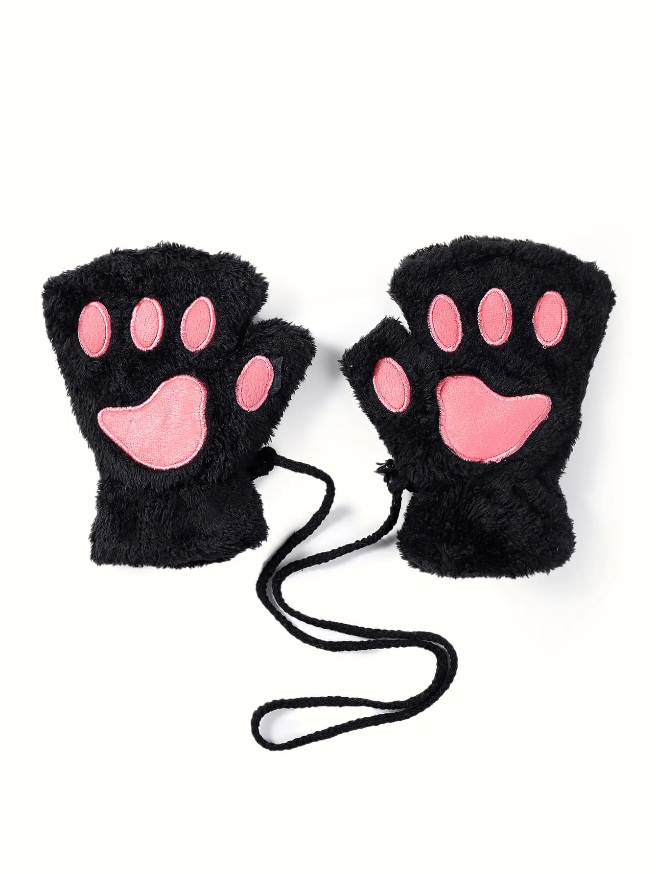 Plush Fingerless Gloves - Black - FD ⚡
