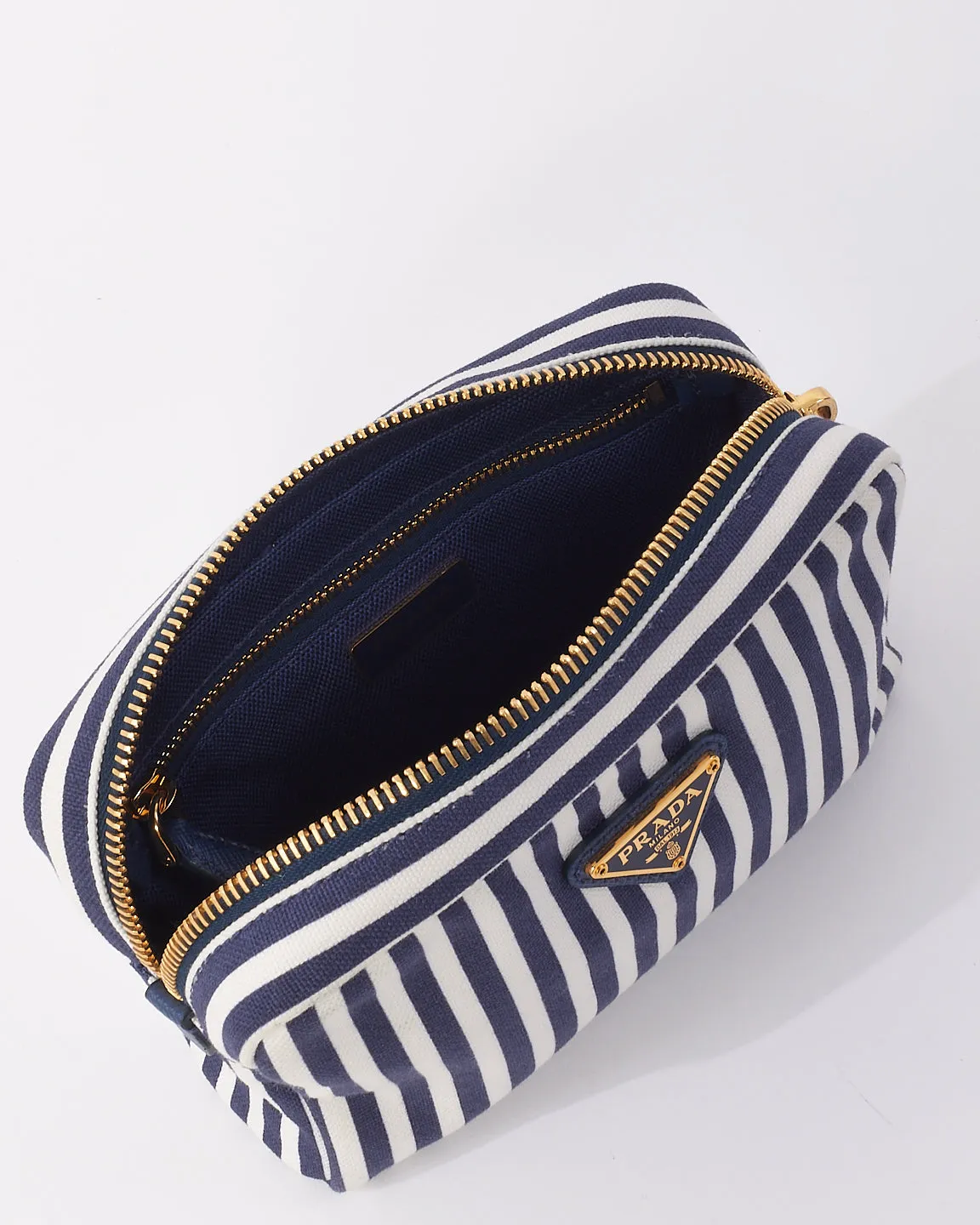 Prada Navy Blue & White Small Canvas Zip Pouch
