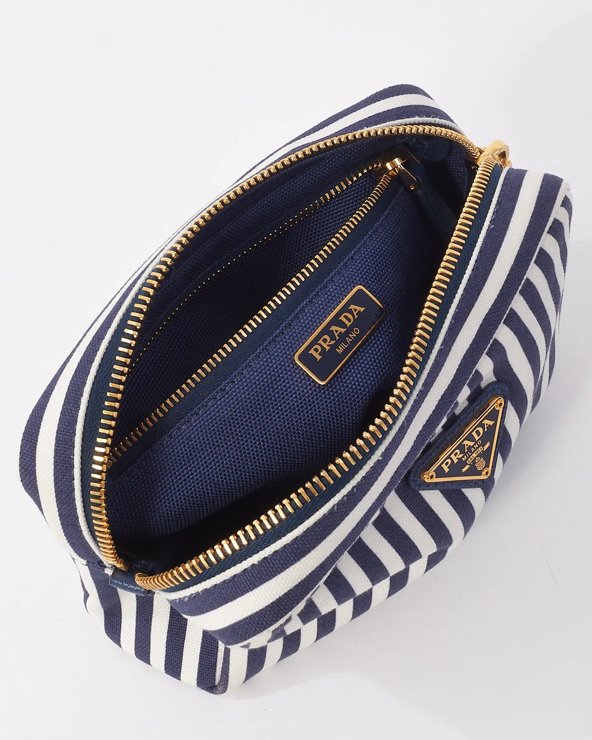 Prada Navy Blue & White Small Canvas Zip Pouch