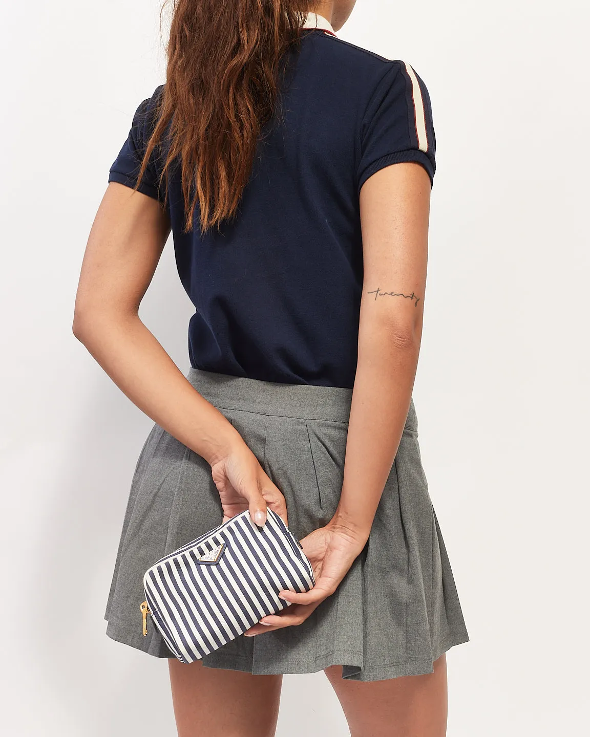 Prada Navy Blue & White Small Canvas Zip Pouch