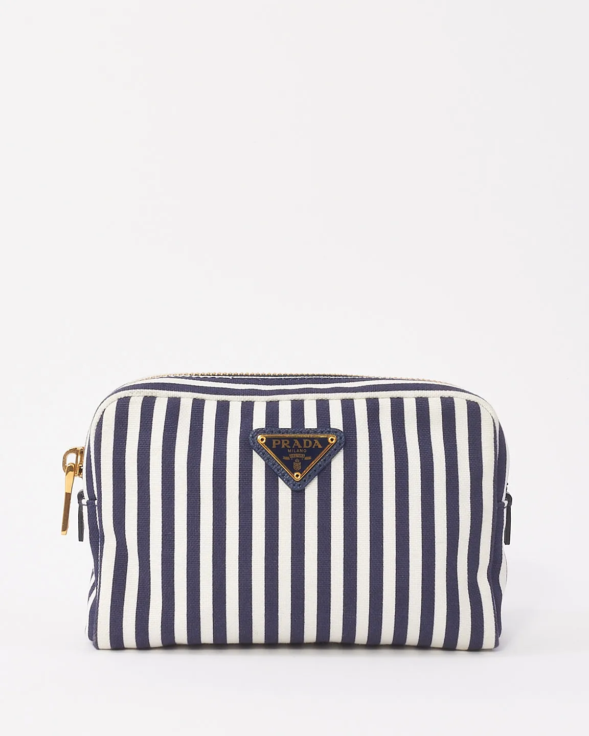 Prada Navy Blue & White Small Canvas Zip Pouch