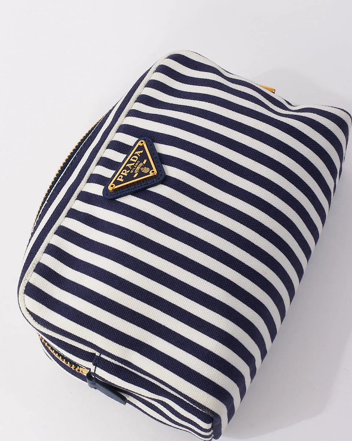 Prada Navy Blue & White Small Canvas Zip Pouch