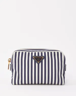 Prada Navy Blue & White Small Canvas Zip Pouch