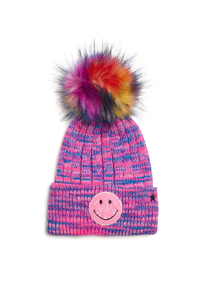 Psychedelic Smiley Knit Hat with Faux Pom Pink Multi