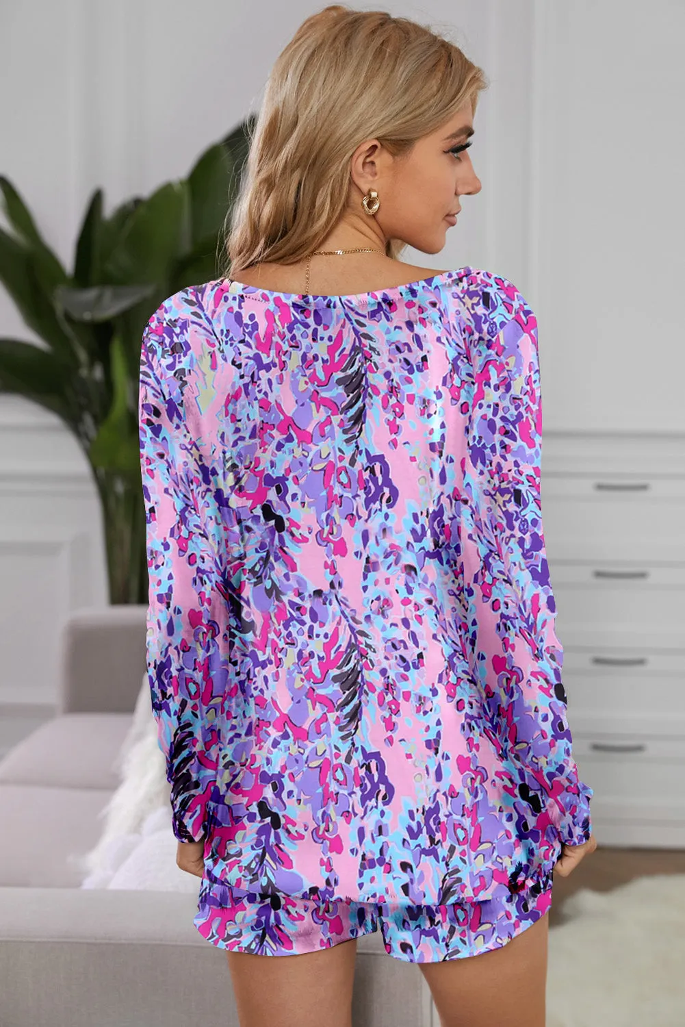 Purple Multicolor Floral Long Sleeve Top and Drawstring Shorts Set