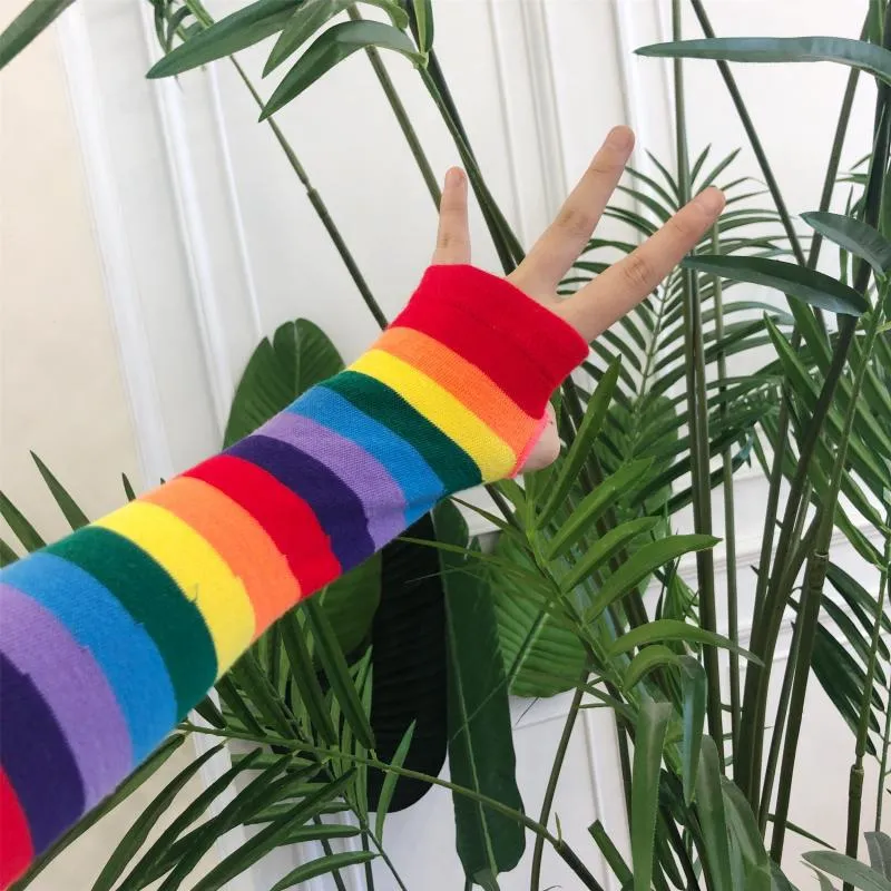 Rainbow Stripe Long Fingerless Knit Gloves