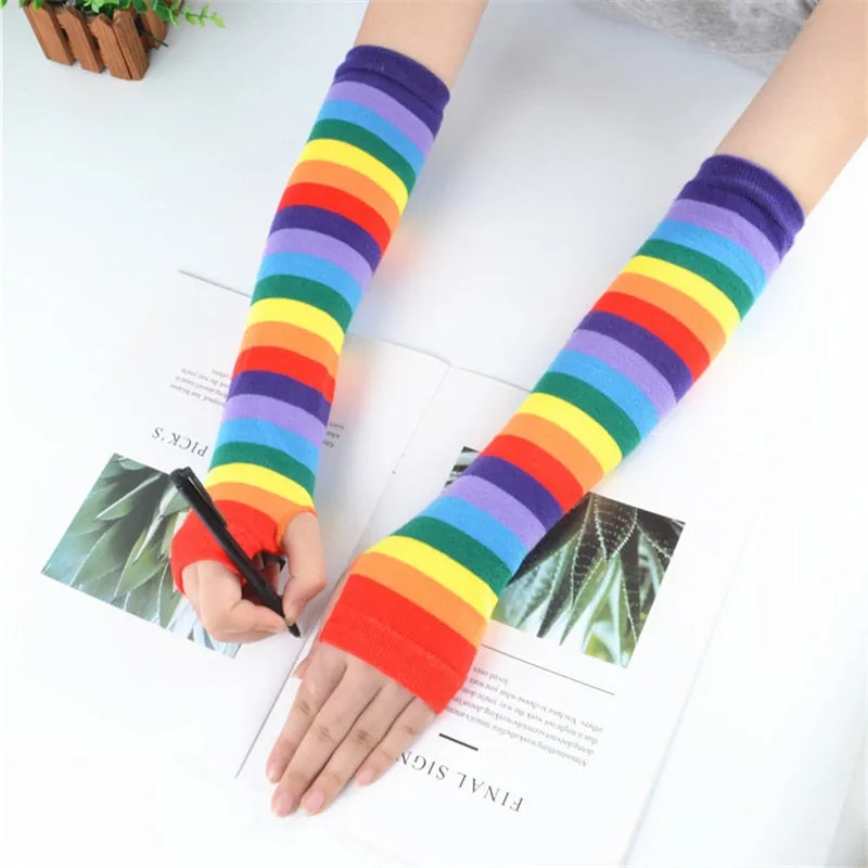 Rainbow Stripe Long Fingerless Knit Gloves