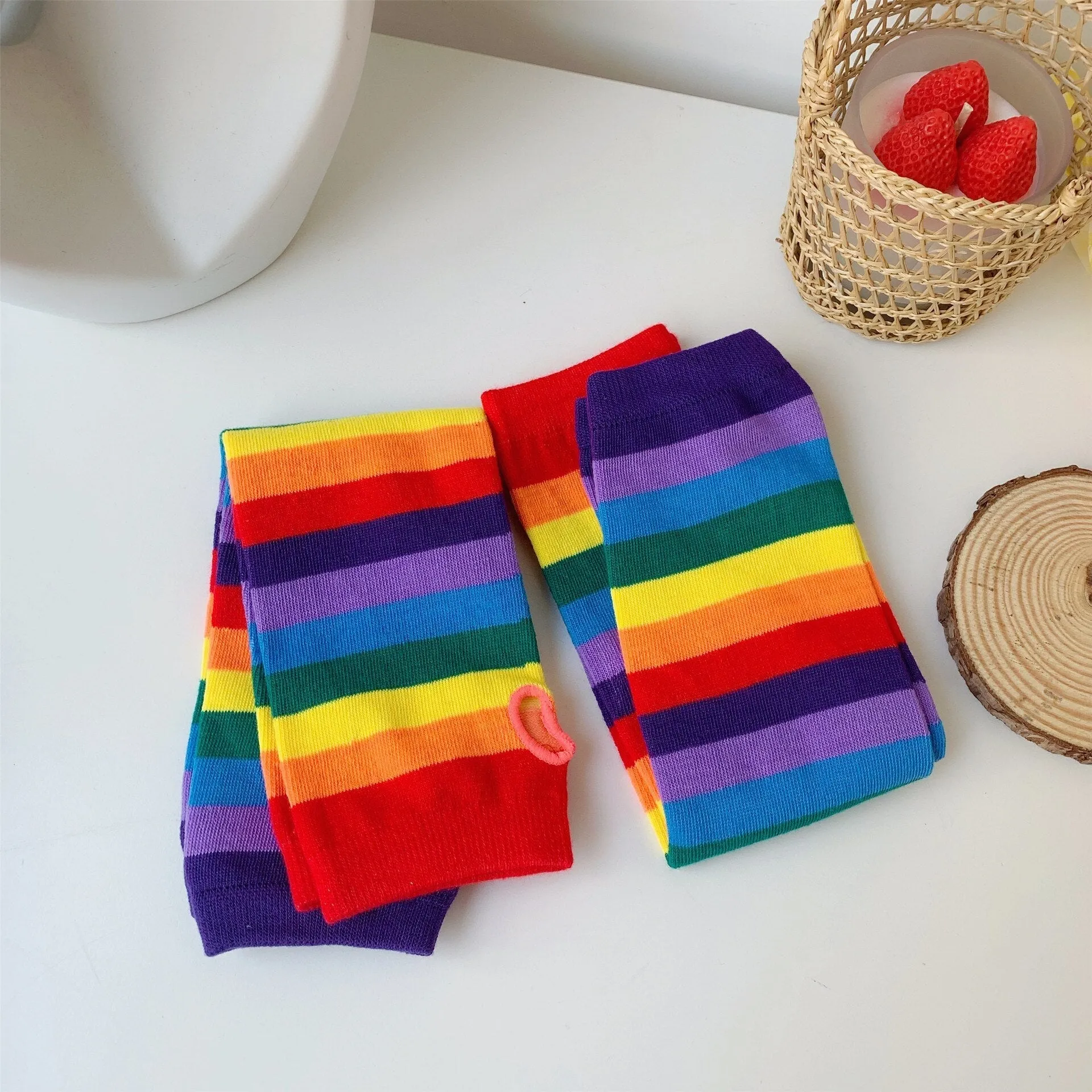 Rainbow Stripe Long Fingerless Knit Gloves