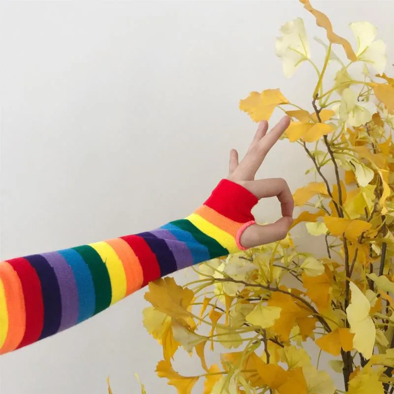 Rainbow Stripe Long Fingerless Knit Gloves