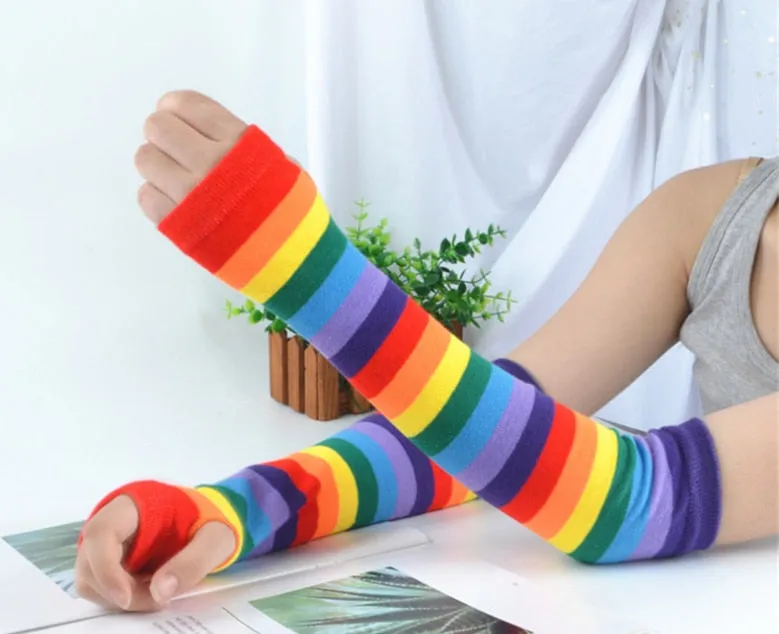 Rainbow Stripe Long Fingerless Knit Gloves