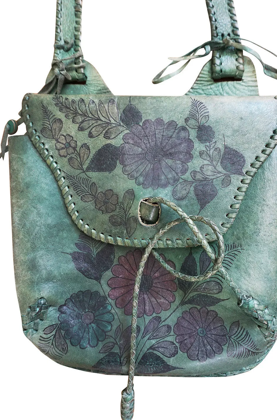 Rare 1960s Deep Green Hand Painted Char Messenger Bag