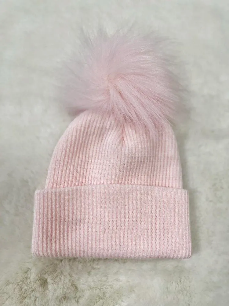 Ribbed Faux Fur Pom Pom Hat - Baby Pink - 3-24 Months