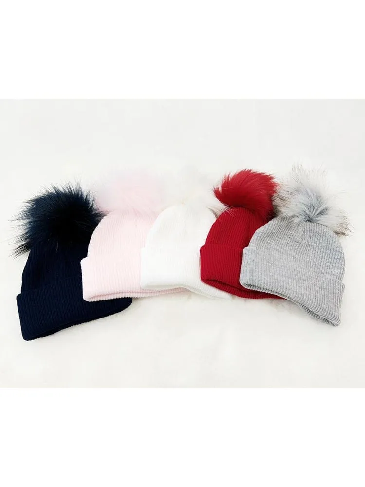 Ribbed Faux Fur Pom Pom Hat - Baby Pink - 3-24 Months