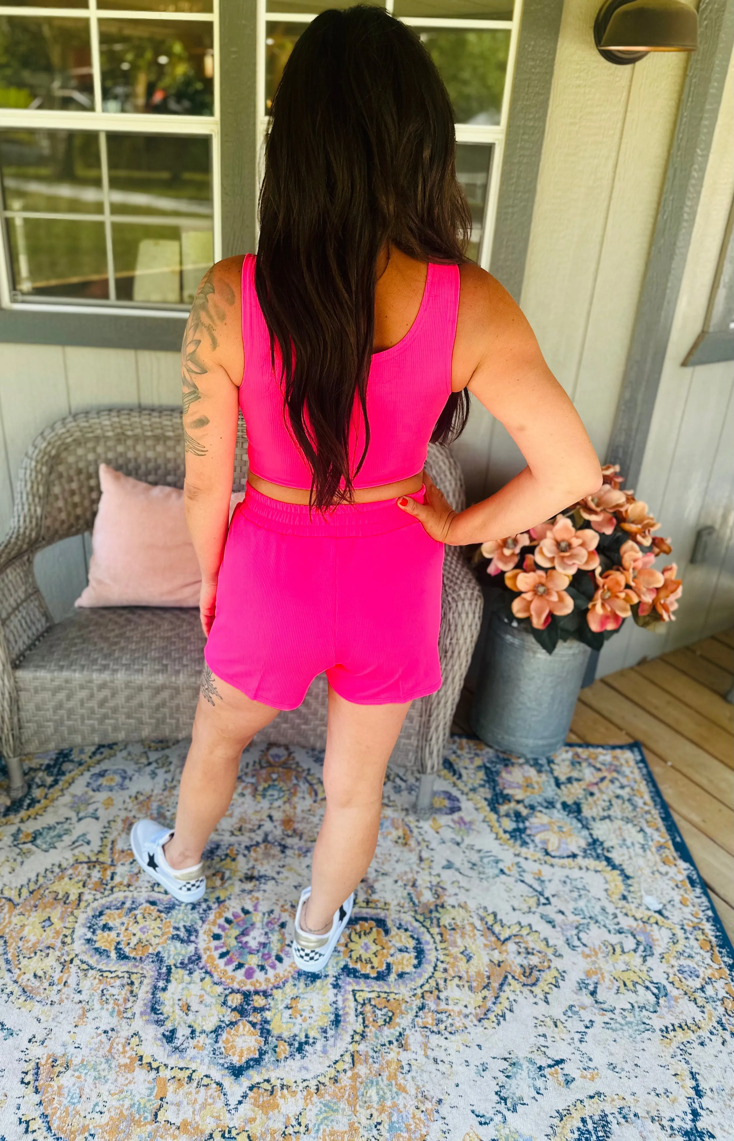 Ribbed Knit Shorts Set Pink
