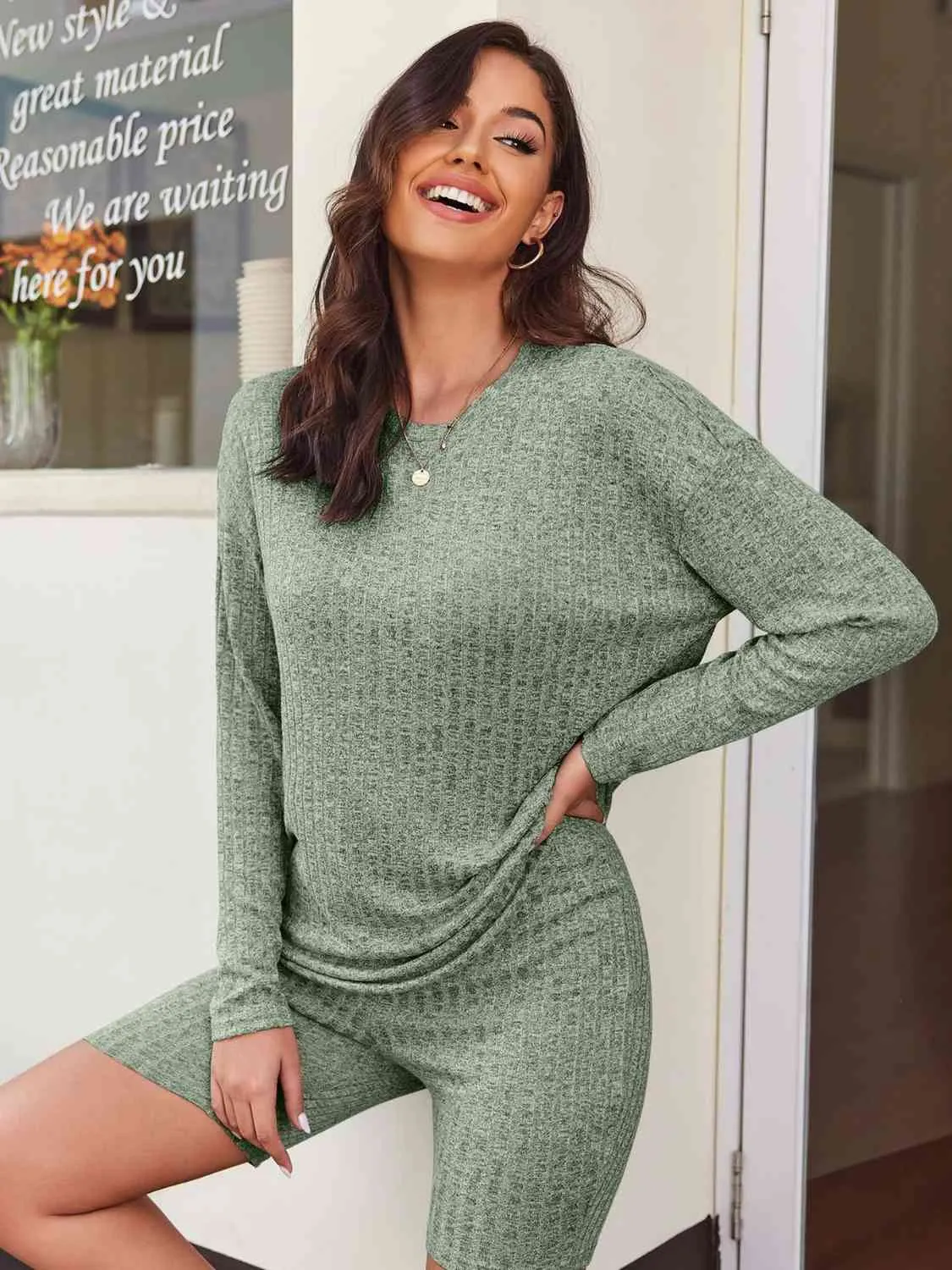 Ribbed Long Sleeve Top and Shorts Lounge Set (5 Colors)