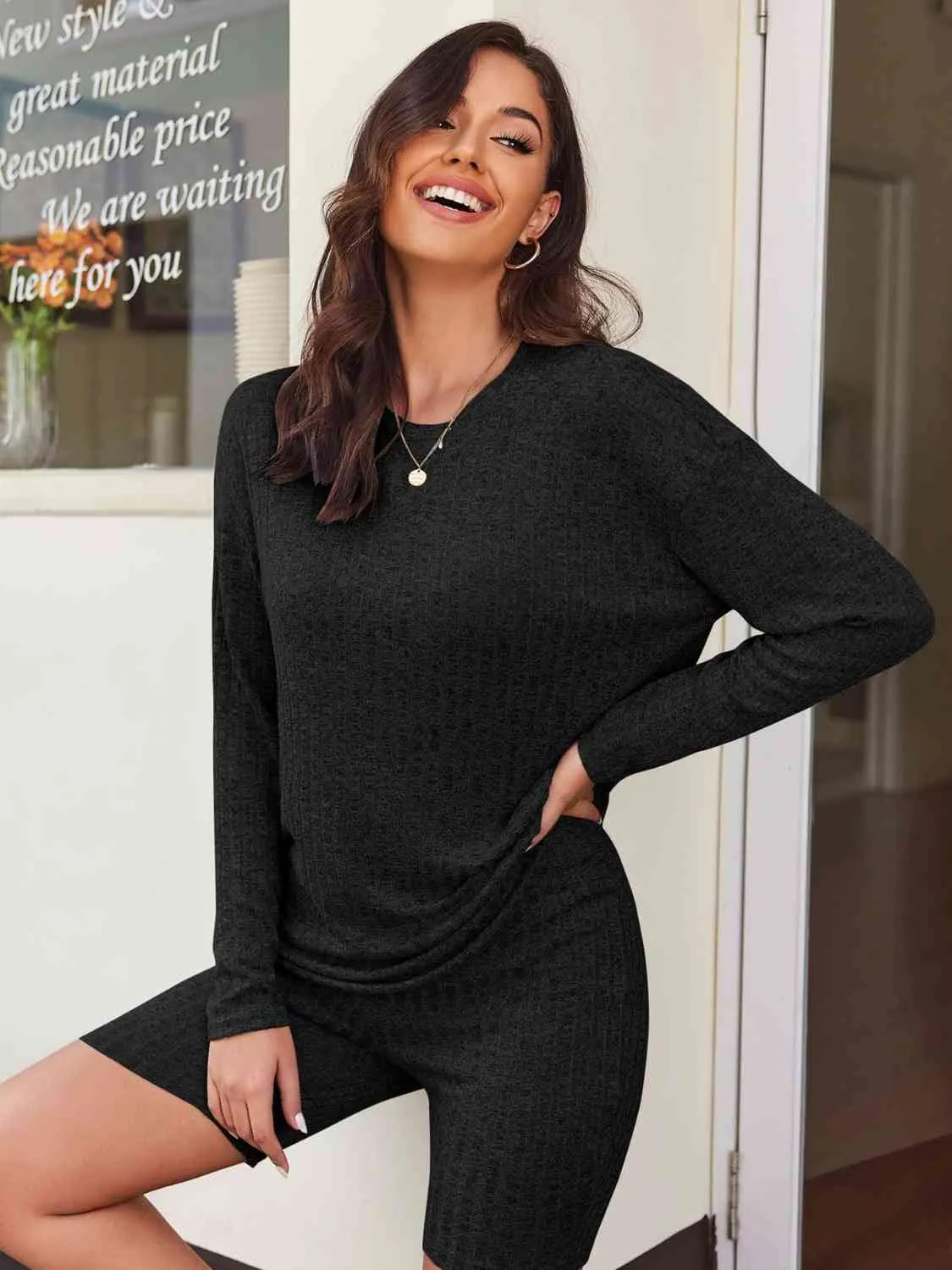 Ribbed Long Sleeve Top and Shorts Lounge Set (5 Colors)