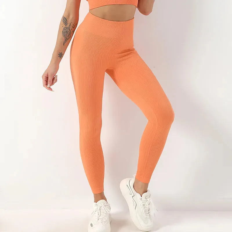 Ribbed Seamless High Waist Yoga Pants for Women - Push Up Sports Leggings