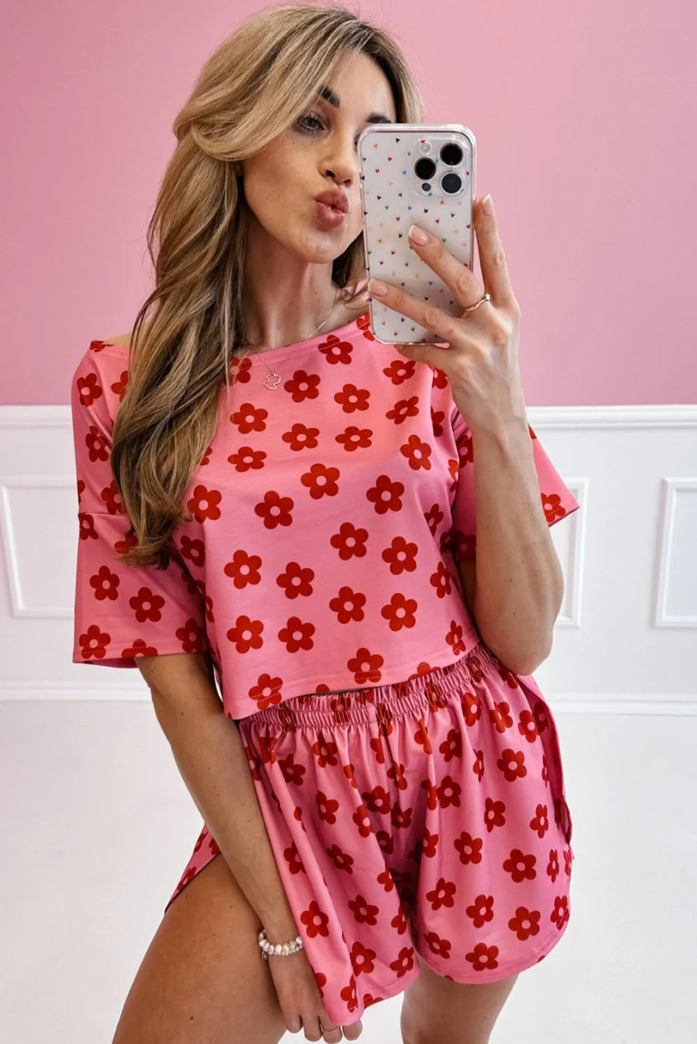 Rose Floral Print Crop Tee and Shorts Lounge Set