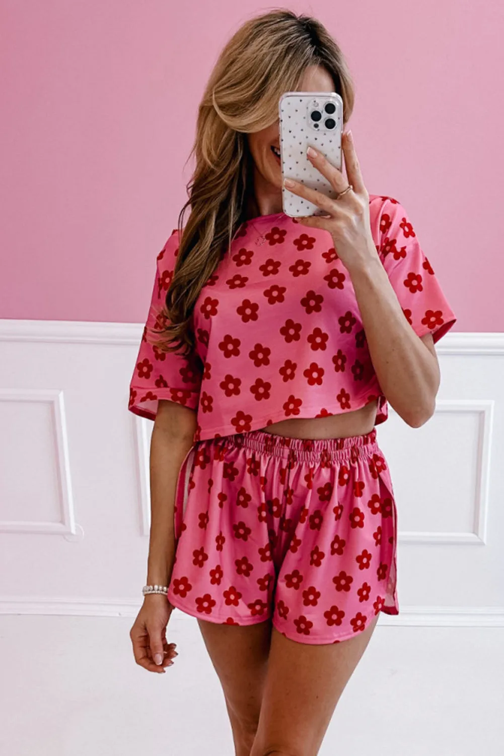 Rose Floral Print Crop Tee and Shorts Lounge Set