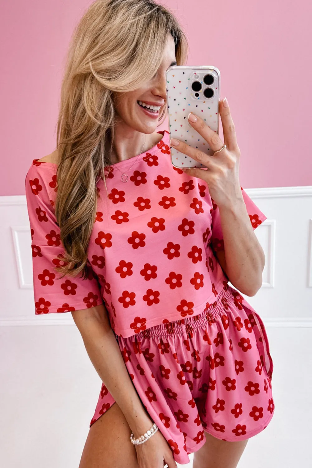 Rose Floral Print Crop Tee and Shorts Lounge Set