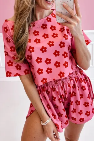 Rose Floral Print Crop Tee and Shorts Lounge Set