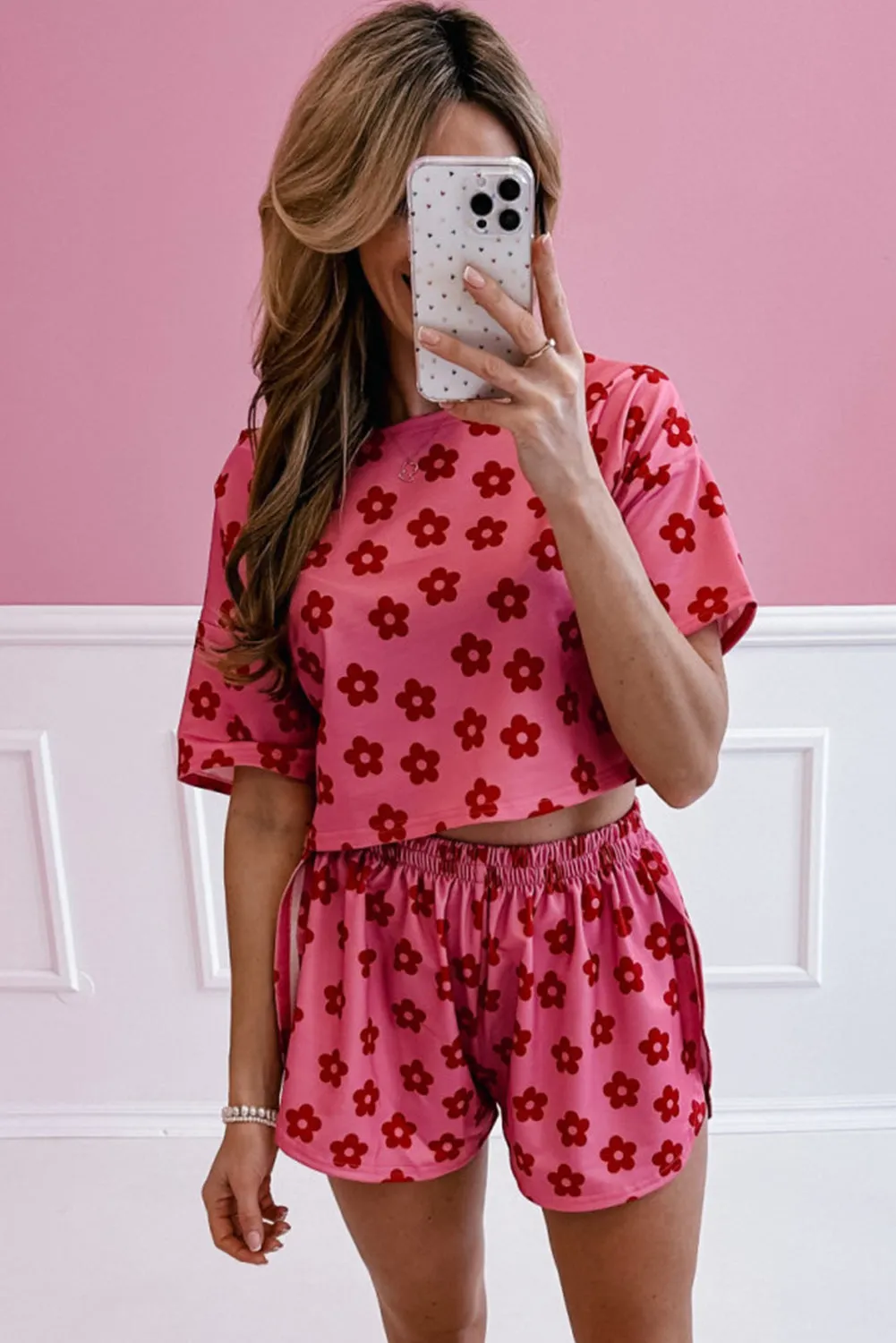 Rose Floral Print Crop Tee and Shorts Lounge Set