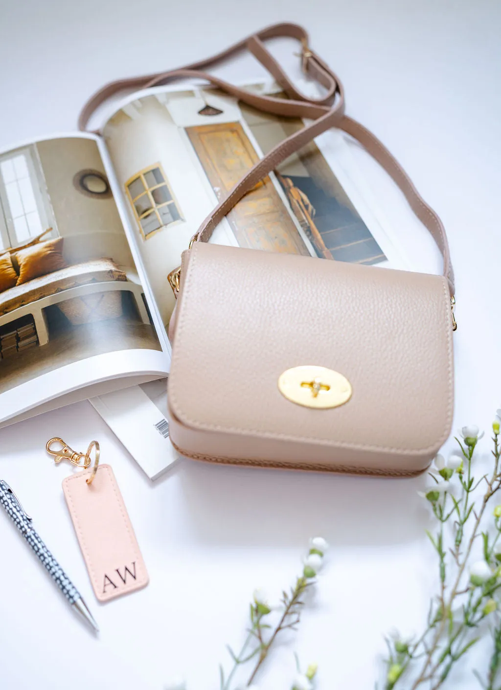 Rose Pink Leather Crossbody Lock Bag
