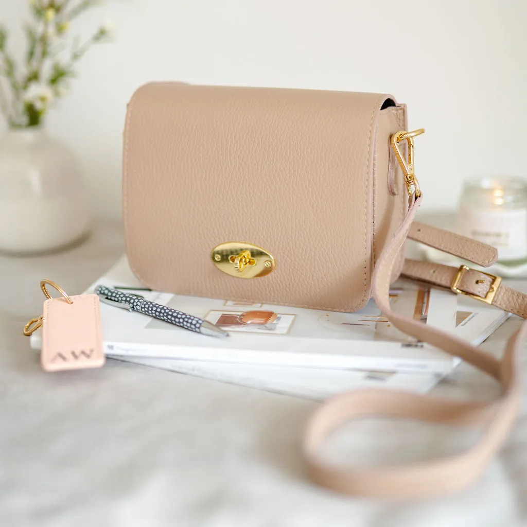 Rose Pink Leather Crossbody Lock Bag