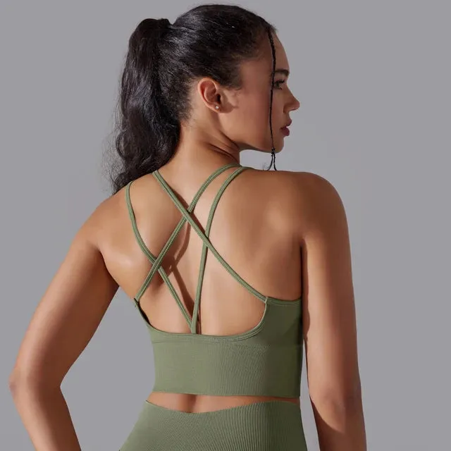 Seamless Push Up Sports Bra for Women - Cross Back Strappy Yoga Bra with Removable Pads, Brassiere for Sport Fitness Gym Crop Tops