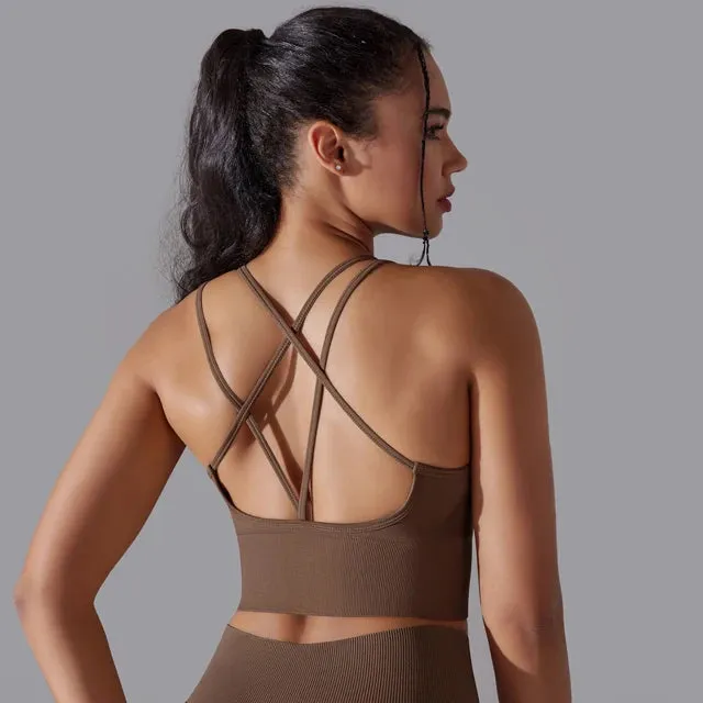 Seamless Push Up Sports Bra for Women - Cross Back Strappy Yoga Bra with Removable Pads, Brassiere for Sport Fitness Gym Crop Tops