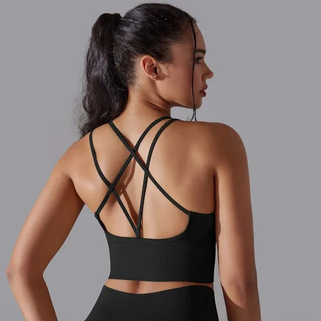 Seamless Push Up Sports Bra for Women - Cross Back Strappy Yoga Bra with Removable Pads, Brassiere for Sport Fitness Gym Crop Tops