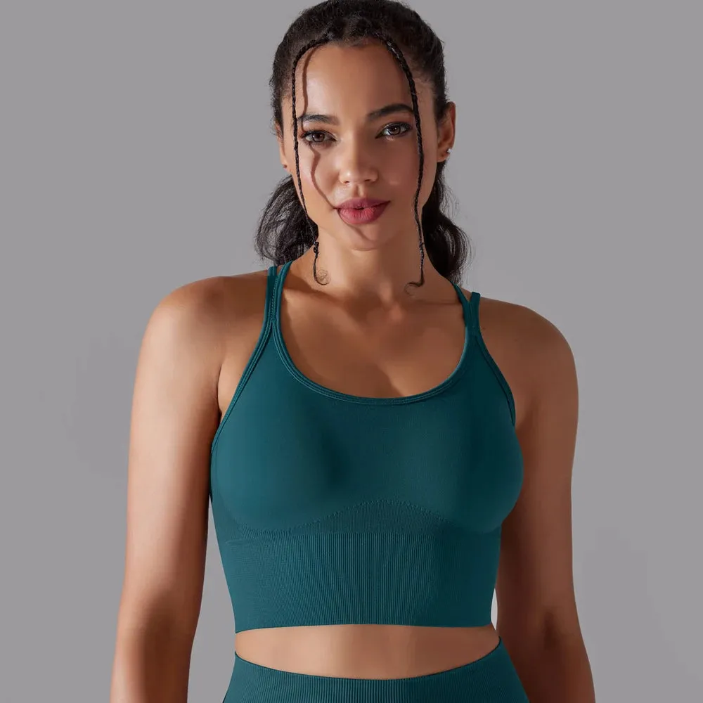 Seamless Push Up Sports Bra for Women - Cross Back Strappy Yoga Bra with Removable Pads, Brassiere for Sport Fitness Gym Crop Tops