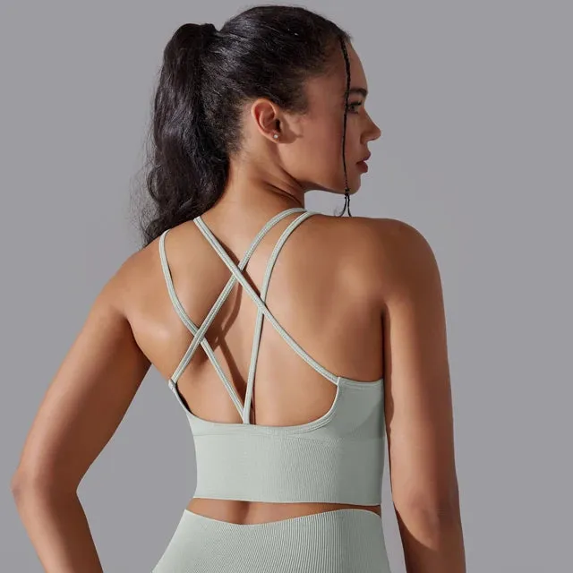 Seamless Push Up Sports Bra for Women - Cross Back Strappy Yoga Bra with Removable Pads, Brassiere for Sport Fitness Gym Crop Tops