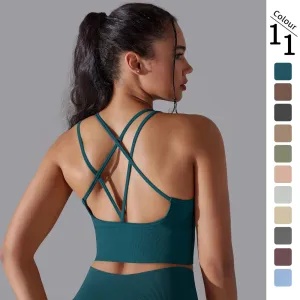 Seamless Push Up Sports Bra for Women - Cross Back Strappy Yoga Bra with Removable Pads, Brassiere for Sport Fitness Gym Crop Tops