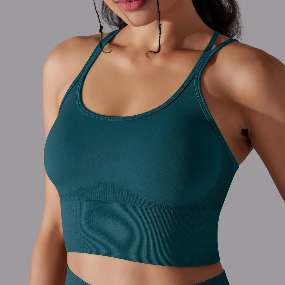 Seamless Push Up Sports Bra for Women - Cross Back Strappy Yoga Bra with Removable Pads, Brassiere for Sport Fitness Gym Crop Tops