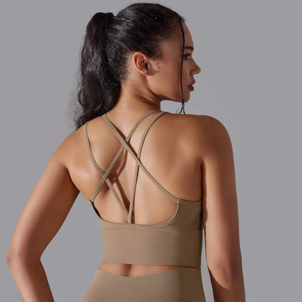 Seamless Push Up Sports Bra for Women - Cross Back Strappy Yoga Bra with Removable Pads, Brassiere for Sport Fitness Gym Crop Tops