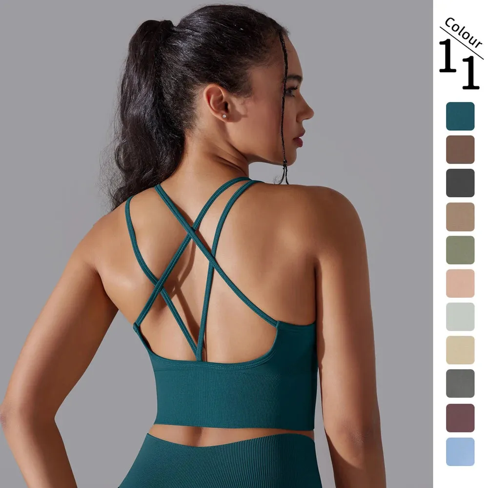 Seamless Push Up Sports Bra for Women - Cross Back Strappy Yoga Bra with Removable Pads, Brassiere for Sport Fitness Gym Crop Tops