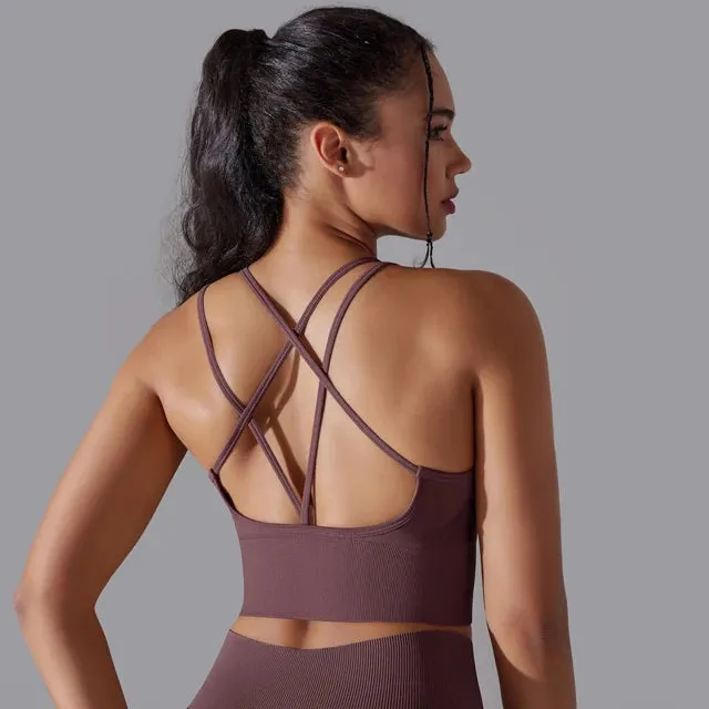 Seamless Push Up Sports Bra for Women - Cross Back Strappy Yoga Bra with Removable Pads, Brassiere for Sport Fitness Gym Crop Tops