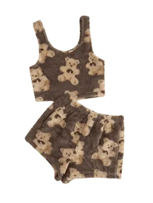 SHENHE Womens Fuzzy Pajamas Bear Print Puffy Tank and Shorts 2 Piece Cute Pajama Set Mocha Brown Small
