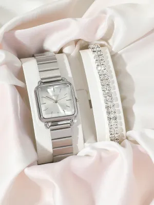 Simple Square Quartz Watch With One Double Row Rhinestones Decor Bracelet