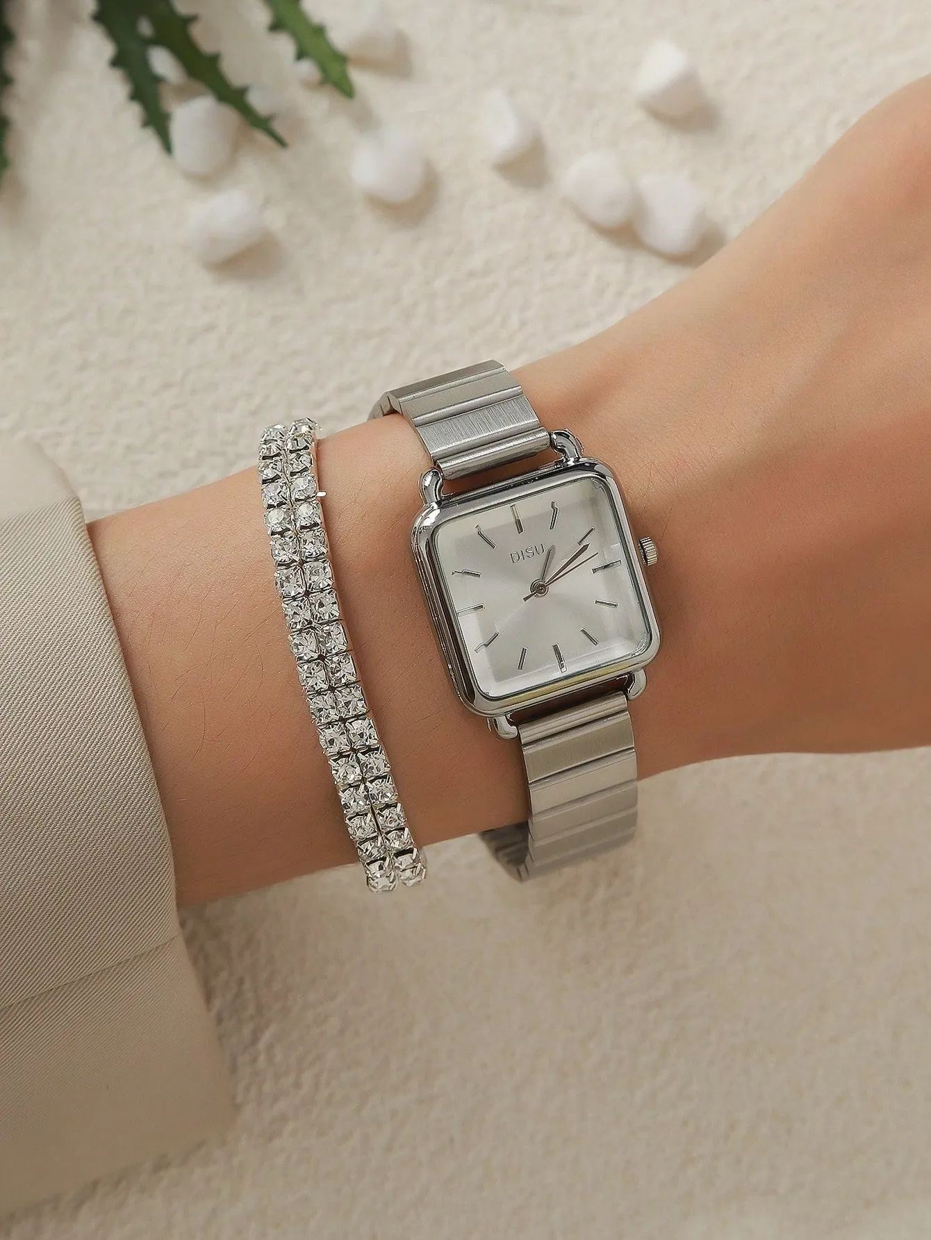 Simple Square Quartz Watch With One Double Row Rhinestones Decor Bracelet