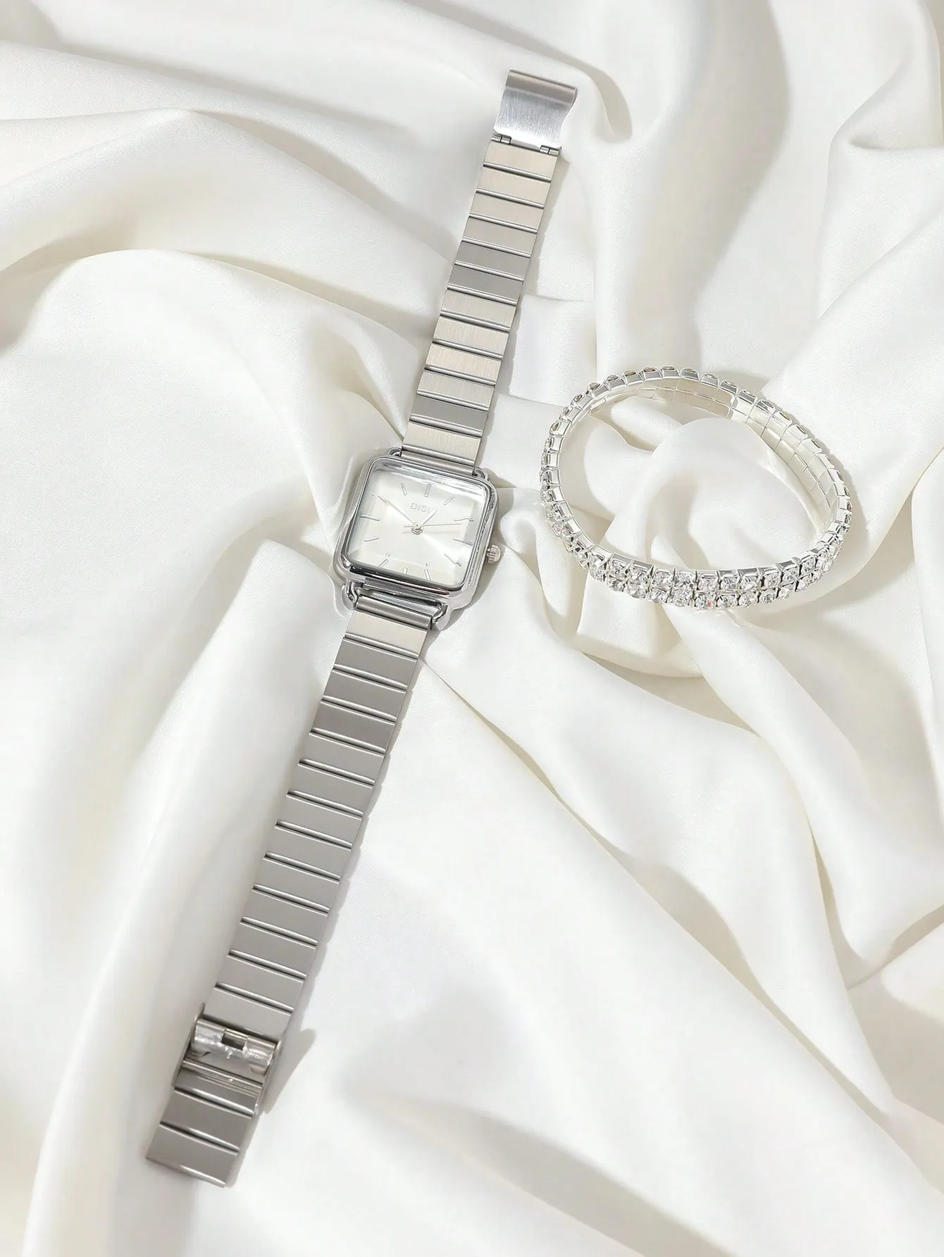 Simple Square Quartz Watch With One Double Row Rhinestones Decor Bracelet