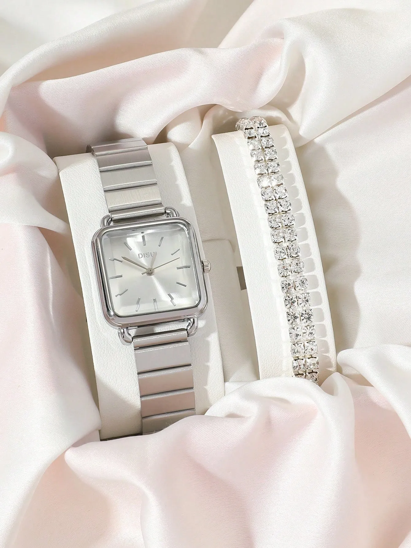 Simple Square Quartz Watch With One Double Row Rhinestones Decor Bracelet