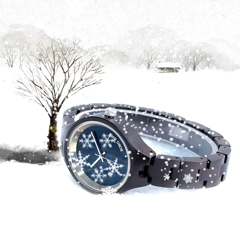 Simple Women's Snowflake Design Wooden Watches in Wooden Gift Box