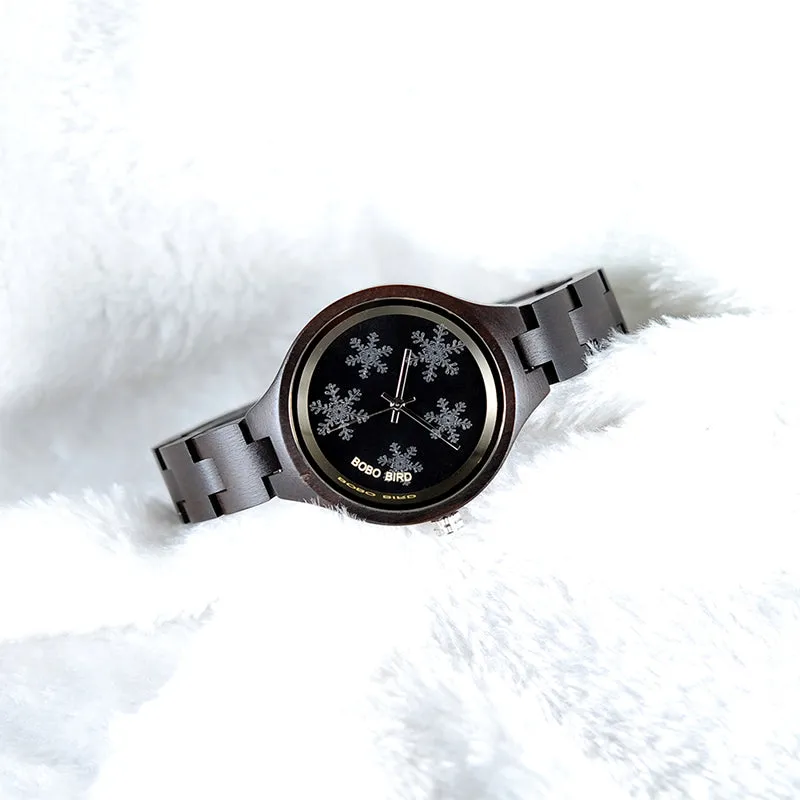 Simple Women's Snowflake Design Wooden Watches in Wooden Gift Box